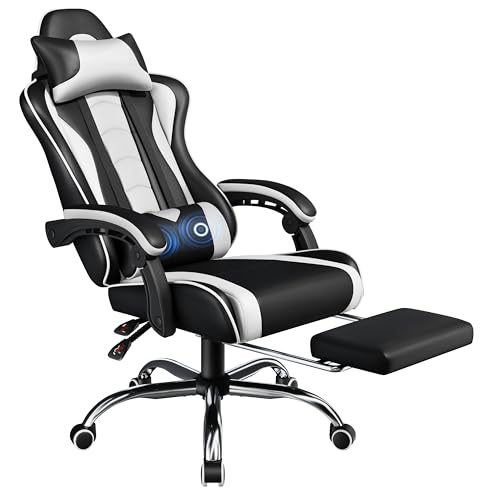 Yaheetech Chaise Gaming Fauteuil Gamer Massant Hauteur Réglable avec Accoudoirs Appui-tête Dossier Inclinable Repose-Pieds Télescopique Charge 136kg Noir...