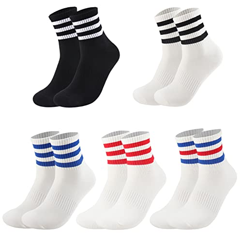 Ultrafun 5 Pairs Unisex Stripe Crew Socks Breathable Athletic Sports Gym School Casual Quarter Ankle Socks for Men Women