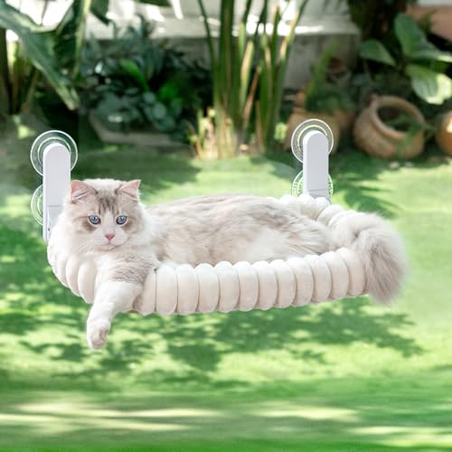 GUUSII HOME 折畳み式 ねこハンモック ねこベッド クッション 曲線パイプ 2025年新デザイン 吸盤 猫窓用ハンモック 猫窓 吸盤式 ペットベッド ねこ ネコ 窓際マット 通気メッシュ 日光浴 洗える 猫用 耐荷重約18KG ストレス解消 組立簡単 ホワイト キルティング設計 M