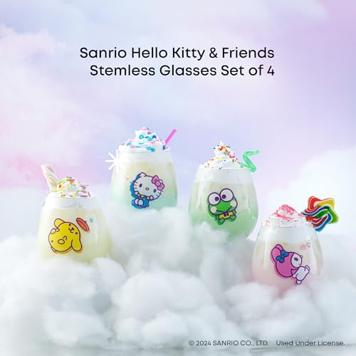 Image of JoyJolt Hello Kitty & Friends Above the Clouds Stemless Drinking Glasses, 15 oz Ombre Glass Cup Set of 4 ft Hello Kitty Keroppi My Melody Pompompurin, Kawaii Kitchen Glassware Sets