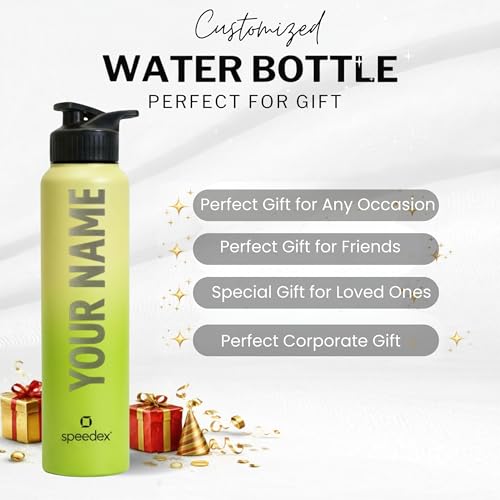 Image of Speedex Customised Stainless Steel Water Bottle 1 Ltr with Name - Personalised Engraved Sipper Cap Bottle for Kids, Men & Women, School, Gym, Office Lime Green, Set of 1