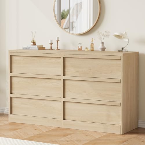 GarveeHome 6 Drawer Dresser for Bedroom, 47in Wide Natural Oak 6 Chest of Drawers with Large Storage, Wooden Dresser Organizer Closet for Living Room, Entryway, Nursery Natural Oak 47.2"D x