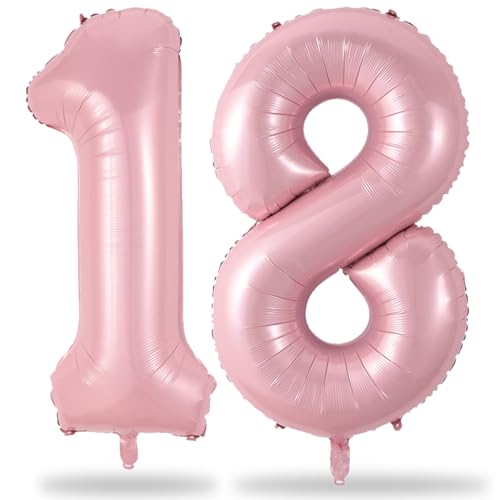 18 Foil Balloon Pastel Pink, 40 Inch Helium Number 1 & 8 Balloon for 18 Year Old Birthday Decorations, Large Self Inflating Mylar 18 Balloon for Girls 18th Birthday Party Anniversary Decor Supplies