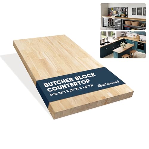 AllForWood 36''L x 25''W x 1.5''Th Hevea Solid Wood Butcher Block Countertop, Butcher Block Table...