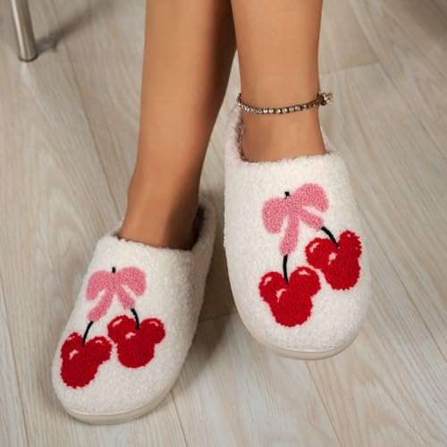Cute Embroidered Cherry Slippers Women Men Winter Indoor House Shoes Bow Cozy Plush Cotton Thick Sole Warm Couple Slippers 6