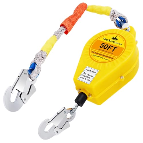 Image of Fall Arrester Protector Self Retractable 50FT Fall Protection Gear Double Locking, Dual PPE+Alloy Steel housing Heavy Duty Lifeline Safety Lanyard Rope Cable Wire Roofing Construction