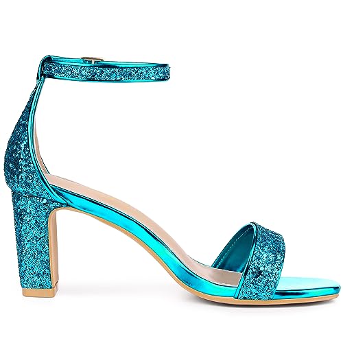 Allegra K Allegra K Women's Glitter Ankle Strap Chunky Heeled Lake Blue Sandals - 7.5 M US