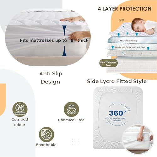 Image of Ayka 100% Waterproof Cotton Quilted Mattress Protector King Size Breathable Hypoallergenic Noiseless Ultra Soft Fitted Bed Protector 84x72 inch Mattress /Bed Cover (King 84x72 inch | 7x6 ft, White)
