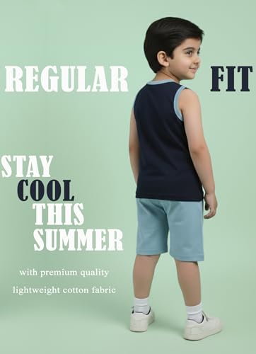 Image of Pure Cotton Sleeveless T-Shirt and Half Pant Set for Boys Kids| Kids boys tshirt and half pant set| Coordinated Set for Unisex kids| Roundneck Tees| Lightweight and Breathable