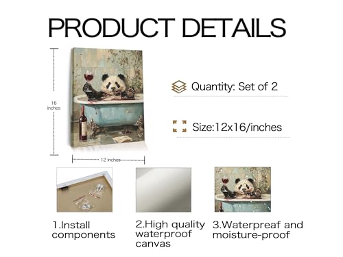 Image of Frimeeme Framed Panda Bathroom Wall Art Set of 2,12x16 Inch | Cute Panda on Toilet and in Bathtub Wall Decor Paintings for Bathroom Restroom
