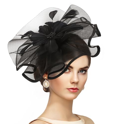 Zinniday Black Tea Party Headband - 1920s 50s Elegant Victoria Feather Derby Fascinators Flower Kentucky Hats Mesh 20s 50s Derby Hat Mardi Gras Cocktail Headband for Women Halloween Costume