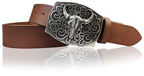 FRONHOFER Westerngürtel 4 cm mit Longhorn Buckle Büffelkopf Schnalle, echtes Leder, 18548, Größe:Körperumfang 100 cm / Gesamtlänge 115 cm, Farbe:Braun Cover