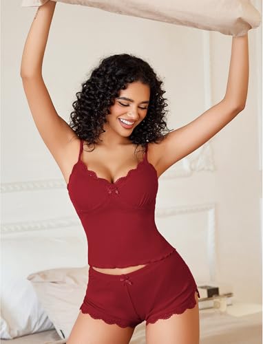 Image of Avidlove Women's Soft Ribbed Knit Cami Pajama Set Sexy V Neck Lace Trim Sleepwear Side Slit Shorts Lingerie Nightwear