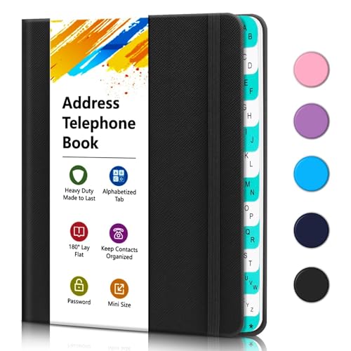 BLESWIN Agenda de bolsillo con índice alfabético A-Z en dos colores, agenda de teléfono y direcciones con tapa dura y letra grande, 288 contactos organizados，Black