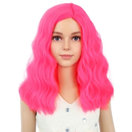Image of PATTNIUM Neon Pink Wig Short Curly Wavy Wigs for Kids Girls Pink Side Part Shoulder Length Heat Resistant Synthetic Wig Halloween Cosplay Costume Party Daily Wigs
