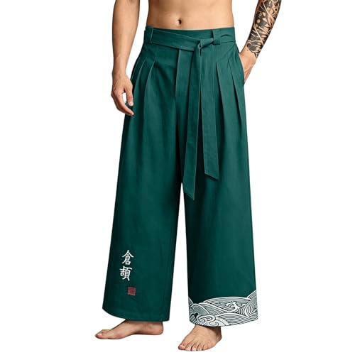 Pantalon Homme Long et Court en Lin Style Japonais Traditionnel Pantalon Large Sarouel Hakama Harajuku Streetwear Taille (FR/ES, Alpha/Lettres, L, Taille Normale, Taille Normale, B-Blackish Green)