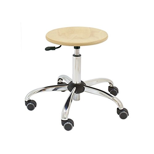 Taburete Madera bajo Giratorio de Trabajo, Base cromada, Ruedas de Goma para parquet, Asiento Circular de Haya Natural Regulable, Ideal para clínica, Masaje, peluquería o Taller