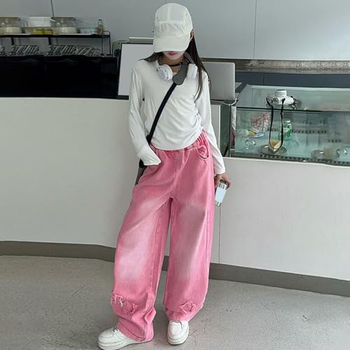 Girl Baggy Jeans Elastic Waisted Wide Leg Loose Casual Denim Pants with Star Embroidered Cute Pants for Tween Girls3