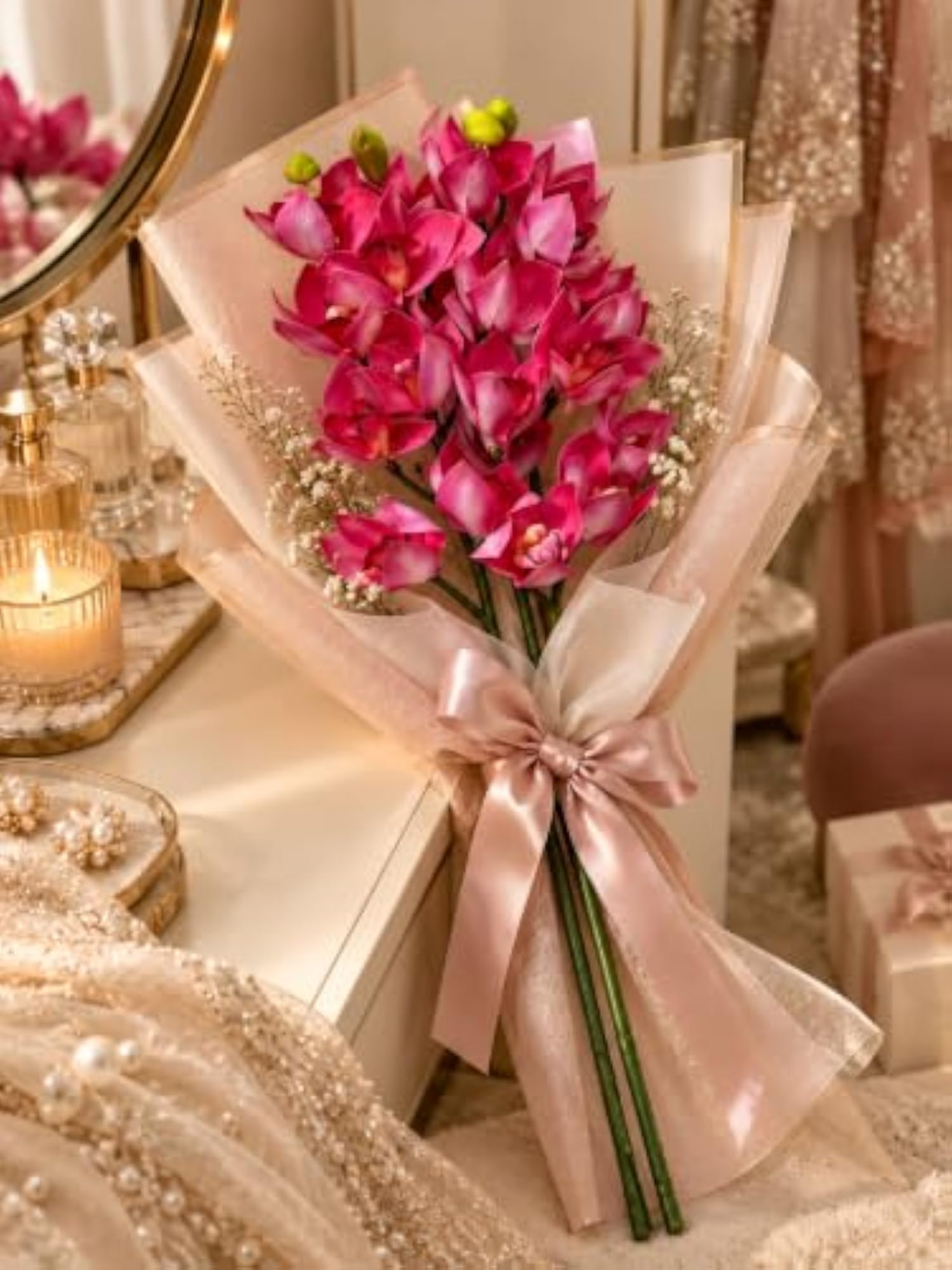 Pink Orchid Flower Stems, Pack of 2, Artificial Decor