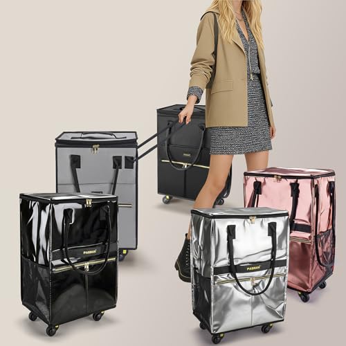 Image of PASMAN Reusable Foldable Rolling Grocery Bag on 4 Wheels,small,Matte-Pink