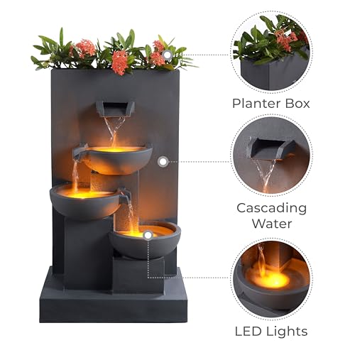 Teamson Home 29.13" 3-Tier Cascading Outdoor Water Fountain with Planter, LED Lights for Outdoor Living Spaces, Matte Gray by Teamson Home - Image 3