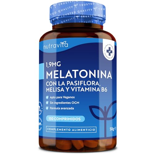 Melatonina Pura 1,9 mg + Vitamina B6 – Con Bálsamo de Limón y Flor de Pasión – 150 Comprimidos Veganos – Contribuye a Reducir el Tiempo para Dormir – GVO Libre – Nutravita