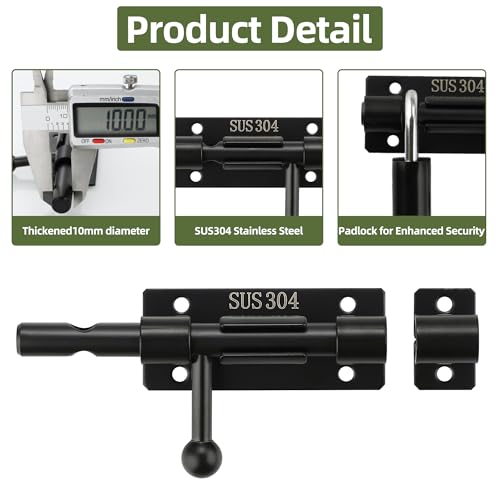 Image of Alise 4 Inch Slide Lock SUS304 Stainless Steel Gate Latch, Slide Bolt Latch,Thickened Heavy Door Latch Lock, Black Barrel Bolt Latch, Security Slide Latch Lock for Outdoor Fence,Window,Shed Door