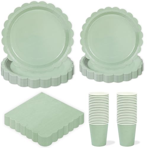 96 peças louça festa de aniversário, talheres descartáveis inclui louça verde sálvia copos descartáveis guardanapos, pratos descartáveis elegantes para 24 convidados churrasco festa aniversário infantil