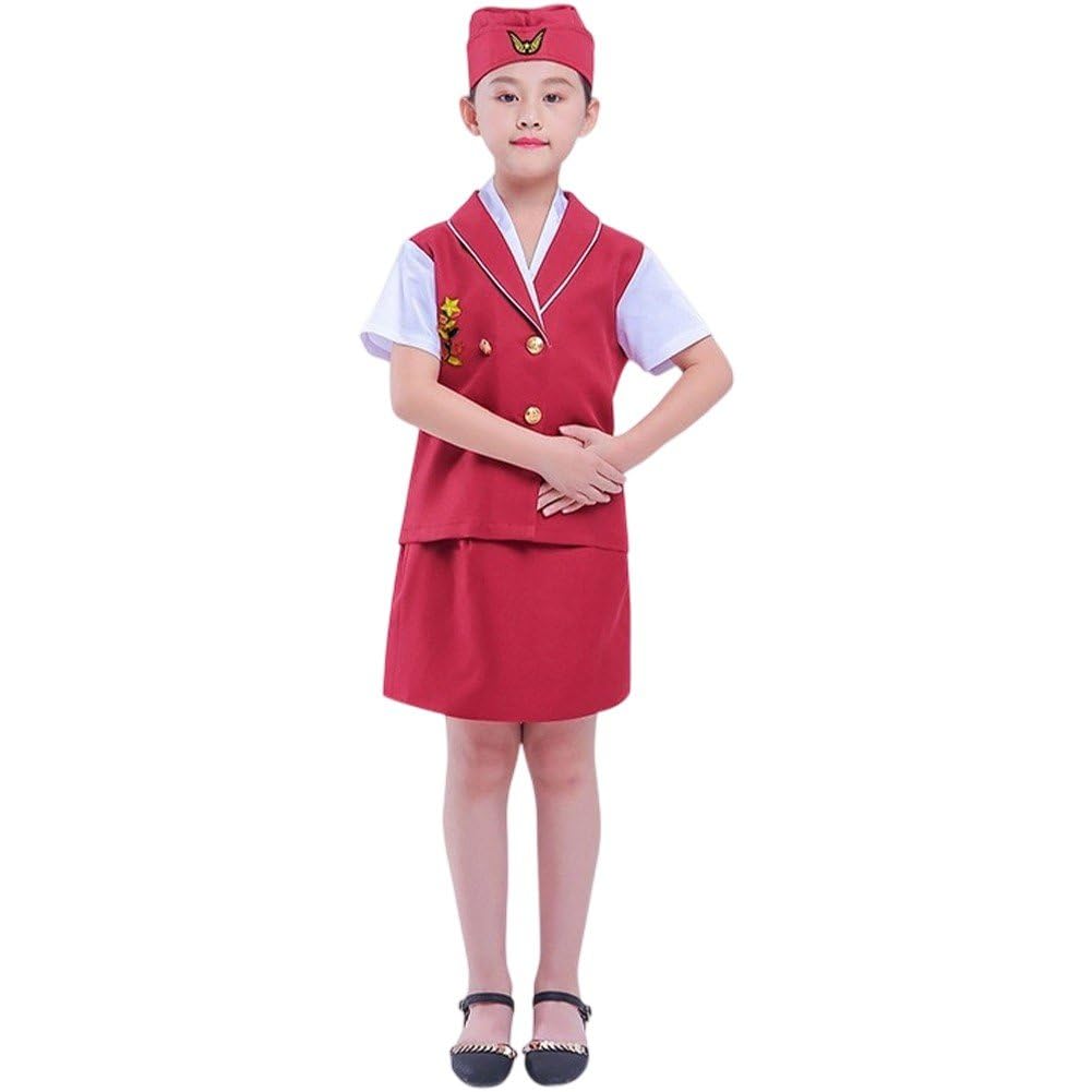 Uzztfa Girls Red Kids Flight Attendant Costume Accessories Set Stewardess Costume With Air Hostess Hat For Career Dress Up Cosplay Halloween Costume