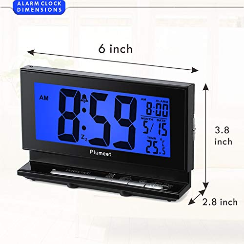 Auto-Night Light Clock - Plumeet Digital Alarm Clock Large LCD Display with Low High Dimmer Backlight - Temperature - Calendar - Ascending Sound and Snooze Function - Battery Operated Only (Blue)