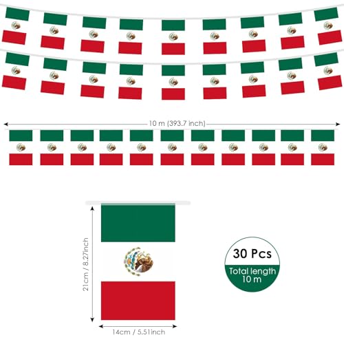 Image of AhfuLife 33 Ft Mexico String Flags Banner for World Cup Decorations 2026, 30 Pcs Small Mexican Bunting String Flags - Double Sided for Independence Day Football Party Celebration Decor (5.5x8.3 Inch)