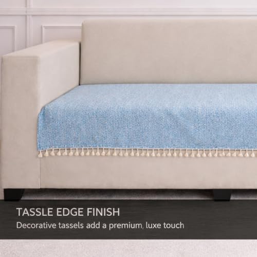 Image of STITCHNEST Jute Sofa Cover - Turquoise, 48x30 Inch | Soft Textured Fabric with Tassel| Sofa for Living Room Decor