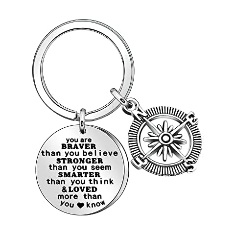 Inspiration Keyring Gift,Silver Pendant Compass Keychain Key Chain Ring"You Are Braver Than You Believe"Encouragement Keyfob Accessories Cover