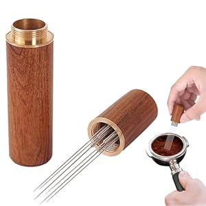 Espresso Coffee Distributor with 6 Stainless Steel Needles – Walnut Handle & Aluminium Alloy Stand – Replaceable Needle Stirrer – Barista Coffee Accessory