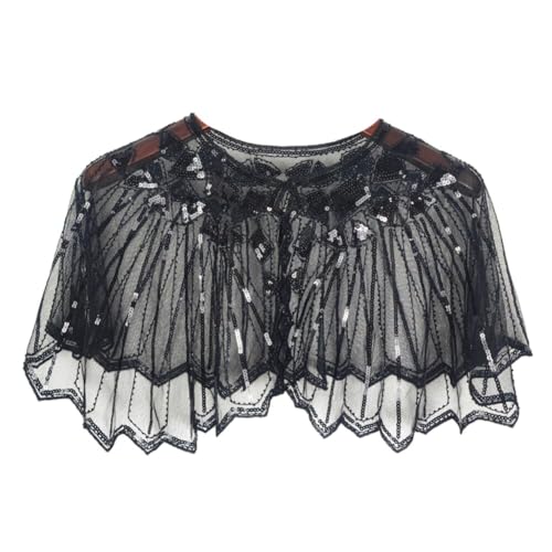 1920s Shawl Wraps Sequin Beaded Evening Cape Bridal Shawl Evening Dress Bolero Flapper Cover Up Vintage Mesh Shawl (Black)