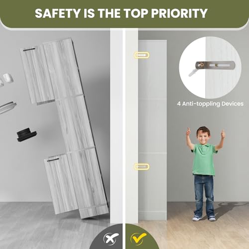 GIANTEX Armario Alto de Baño, 56 x 30 x 190 cm, Mueble de Almacenamiento con 4 Puertas y 2 Compartimentos Abiertos, con Kit Antivuelco, Organizador con 6 Estantes para Baño, Cocina (Roble Blanco) - imagen 6