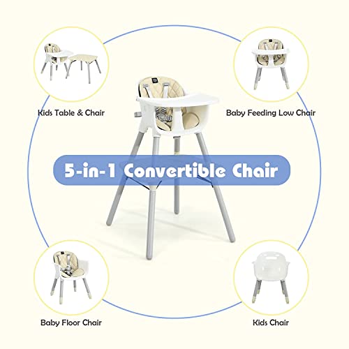 Image of BABY JOY High Chair, 5 in 1 Convertible Highchair for Babies & Toddlers | Booster Seat | Table and Chair Set | Infant Feeding Chair with Removable Tray, Safety Harness, Removable Cushion (Beige)