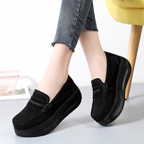 Image of Women's Suede Platform Wedge Loafers Moccasin Toe Comfort Casual Slip-on Loafer Shoes Toning Rocker Non-Slip Walking Shoes with Arch Support
