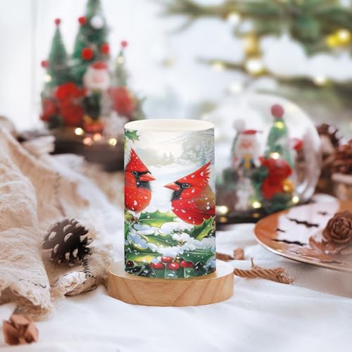 Image of Flickering Flameless Candles, Red Cardinals Holly Christmas LED Candles with Remote Timer, Set of 2 Battery Operated Candle for Valentine Wedding Birthday