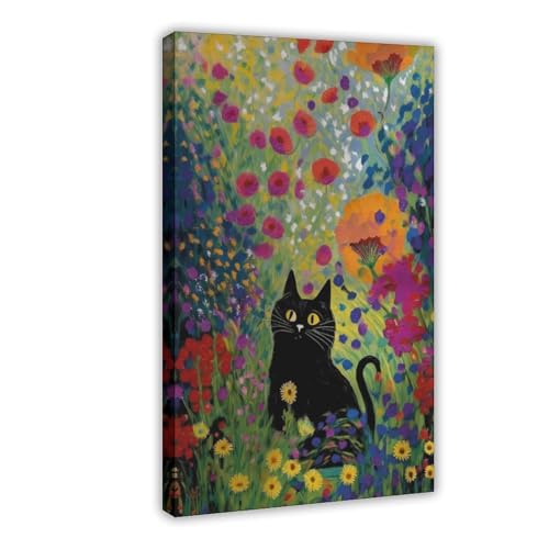 Toile de chat et fleurs sauvages 40,6x61 cm haute finition