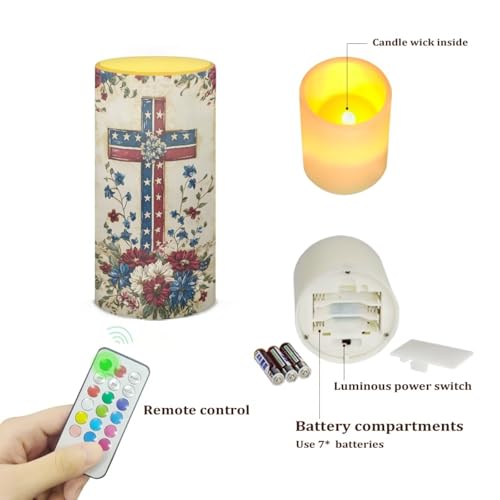 Image of Poceacles Cross American Flag Floral Print Flameless Candle 4th of July Patriotic Decorations Flickering Wick Realistic Votive Electric Candle for July Fourth Festival Holiday Decor