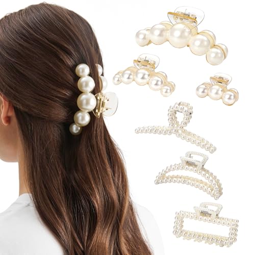 CWJCYTNSN 6 PCS Hair Clips for Women Large Hair Claw Clips for Thin Thick Curly Hair Styling Pearl Jaw Clips Strong Hold Nonslip Fashion Hair Accessories for Bridal Wedding