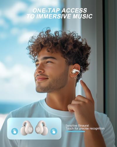 Image of Open Ear Clip Wireless Earbuds Bluetooth 5.4, Lightweight Comfort Sports Bone Conduction Headphones Built-in Mic for Clear Audio, Stable Fit Earphones 24H Play-Beige
