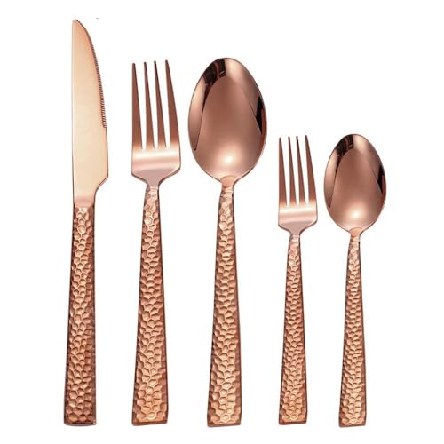 Royal Shang Youpin Square Handle Hammer Pattern Kitchen Stainless Steel Silverware Tableware Flatware Cutlery Set Steak Knife Fork Spoon Teaspoon (Rose Gold,5 pieces)