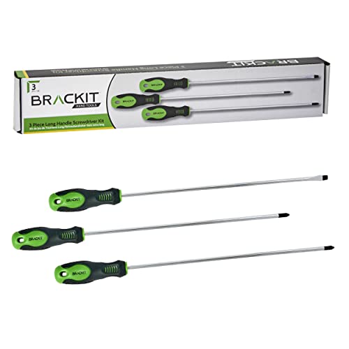 Brackit Jeu de 3 tournevis à manche long - Phillips, Pozi et tête fendue - pour une portée extra longue et avec embouts magnétiques