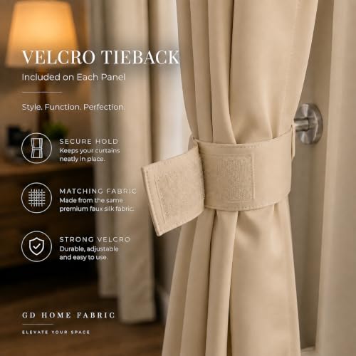Image of 100% Blackout Long Door Curtains 10 Feet Long Set of 2 - Beige Faux Silk Room Darkening Eyelet Curtains for Bedroom (4.5 Ft Extra Wide Panels), Tiebacks Included, Thermal Insulated