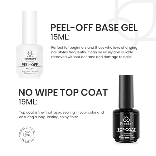 Image of Beetles Peel Off Base Coat and Top Coat Gel Nail Polish Set, 2Pcs 15ml Peelable Base Gel and Top Coat Easy Removal, UV LED Lamp Peel off Nail Polish without Damage for Beginners Weak Thin Nails