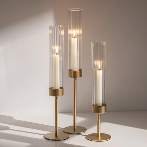 Gold Hurricane Taper Candle Holders: Glasseam 3Pcs...