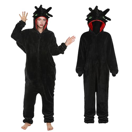 Disfraz de dragón para adultos, disfraz de dragón para adultos, pijamas para hombres y mujeres, Halloween, cosplay, fiesta, carnaval, Navidad (negro, L)