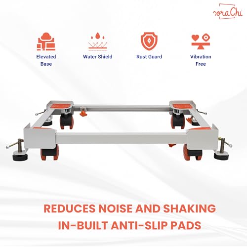 Image of SoraChi Adjustable Iron Washing Machine Stand with Wheels | Elevates Appliances to Prevent Water Damage & Reduce Vibrations | Universal Fit for Washers & Refrigerators (Orange)